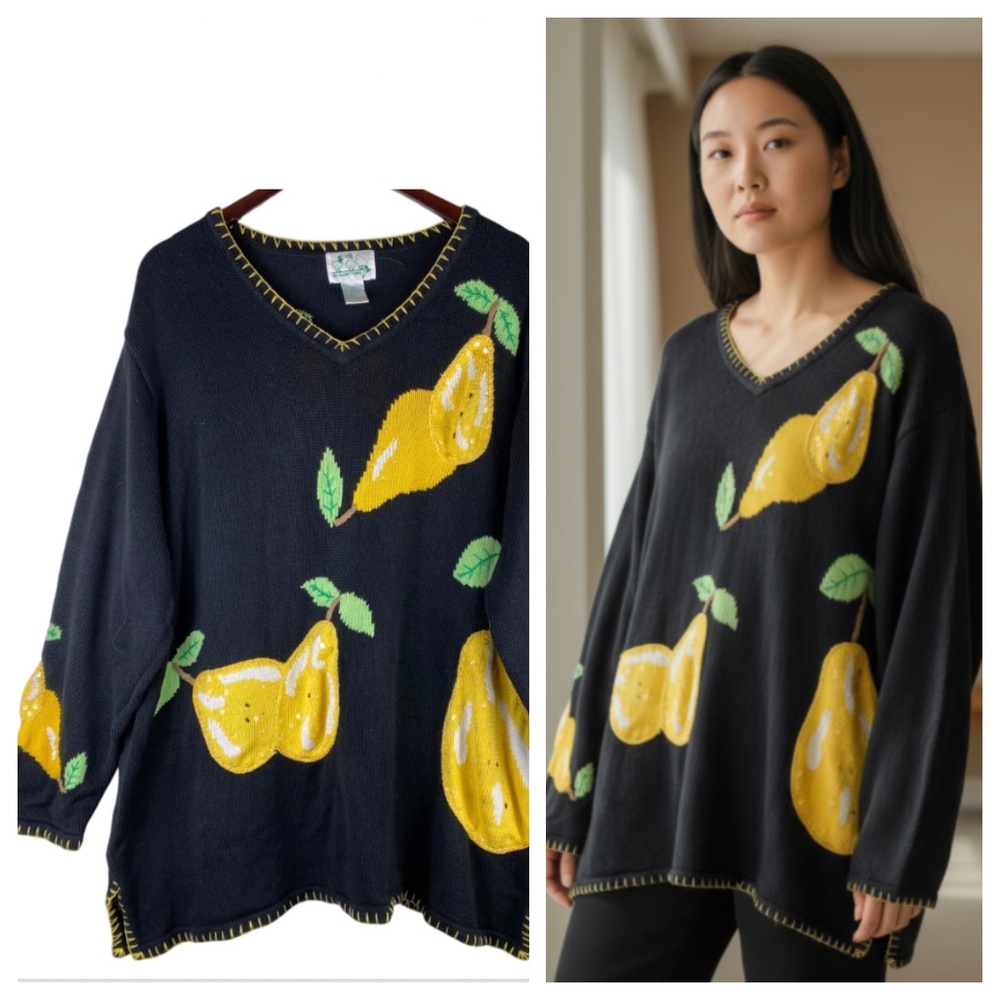 Vtg The Quacker Factory Sz 2X 18 20 XXL Sweater Lemons Fruit Black Yellow